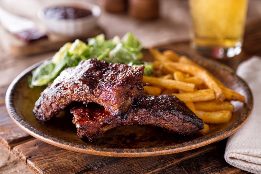 Barbecued Ribs with Fries and Salad